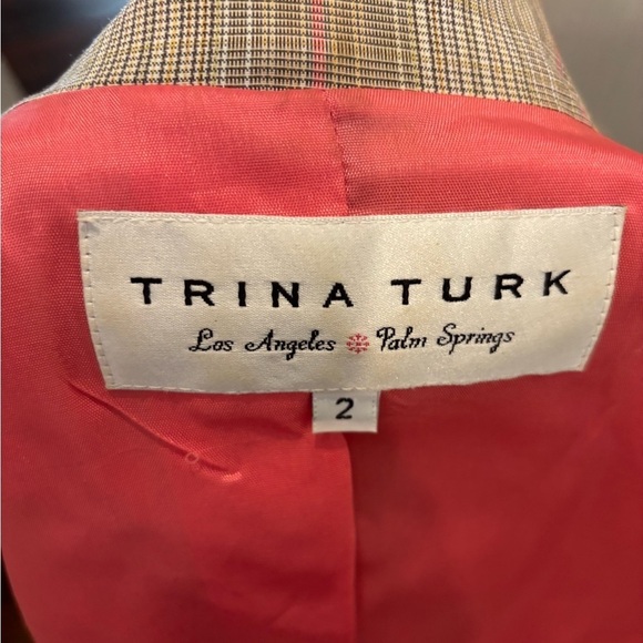 Trina Turk Los Angeles Designer Plaid Pink Beige Flare Sleeve Lined Blazer Sz 2 - Picture 4 of 5